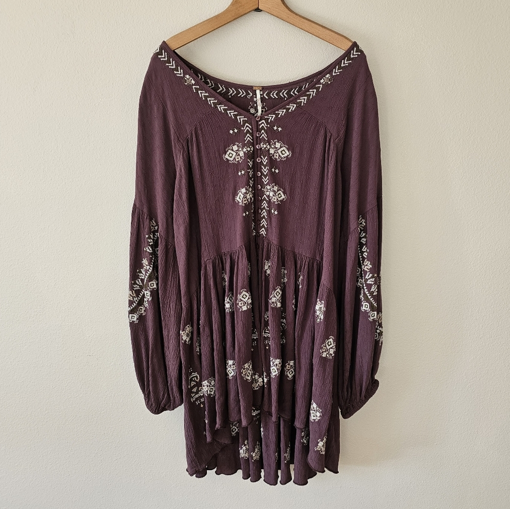 FREE PEOPLE Arianna Tunic Top Blouse Brown Embroidery Boho Size Large